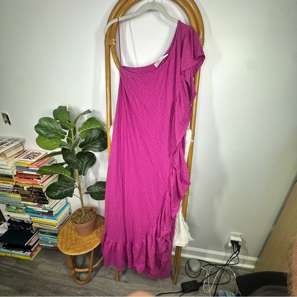 Free People Ruffle One Shoulder Maxi Dress sz M Raspberry - Picture 6 of 11